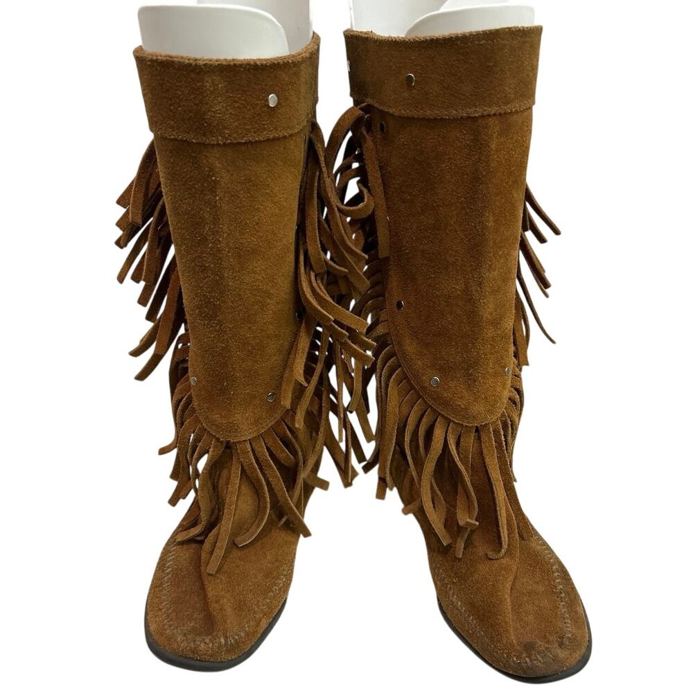 Minnetonka 3-Layer Fringe Boots boho western bohemian style women’s 8 Honey Brn